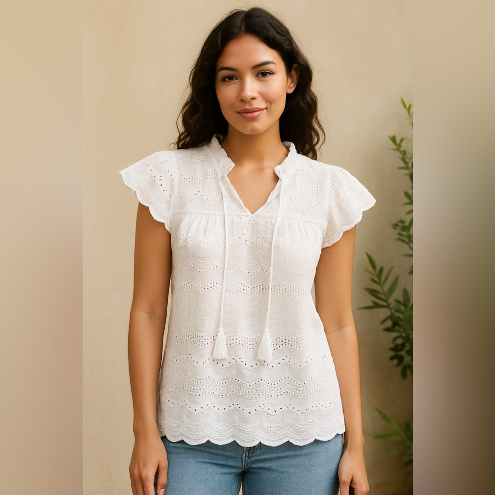 Design History White Eyelet Cotton Boho Top Size S